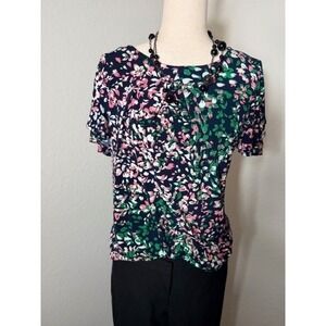 Liz Claiborne Blue Blouse w/floral Print Short Sleeve Top Size Large